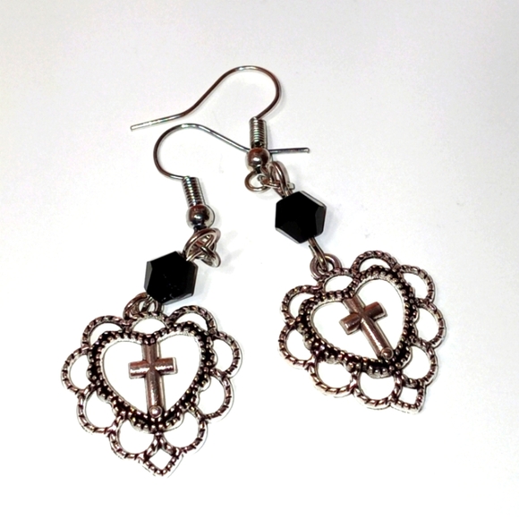 Black Crystal Heart- Cross Pendant Dangle Earrings - Picture 2 of 4